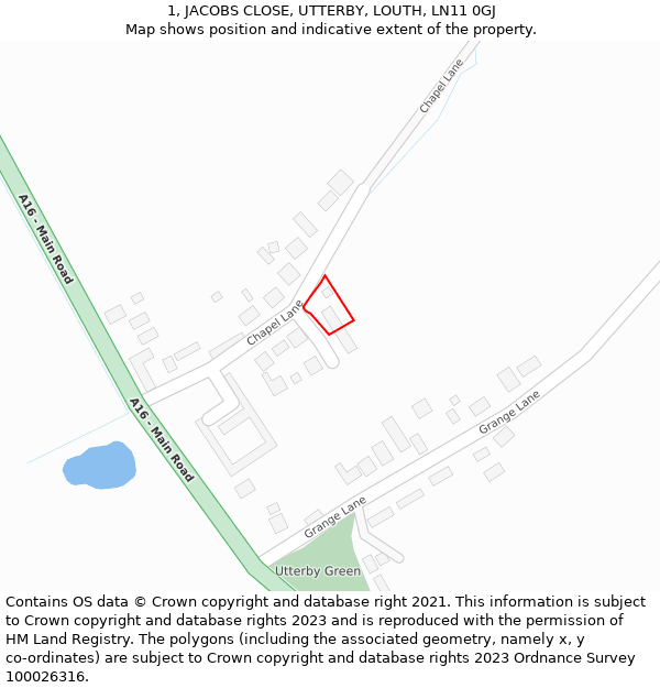 1, JACOBS CLOSE, UTTERBY, LOUTH, LN11 0GJ: Location map and indicative extent of plot