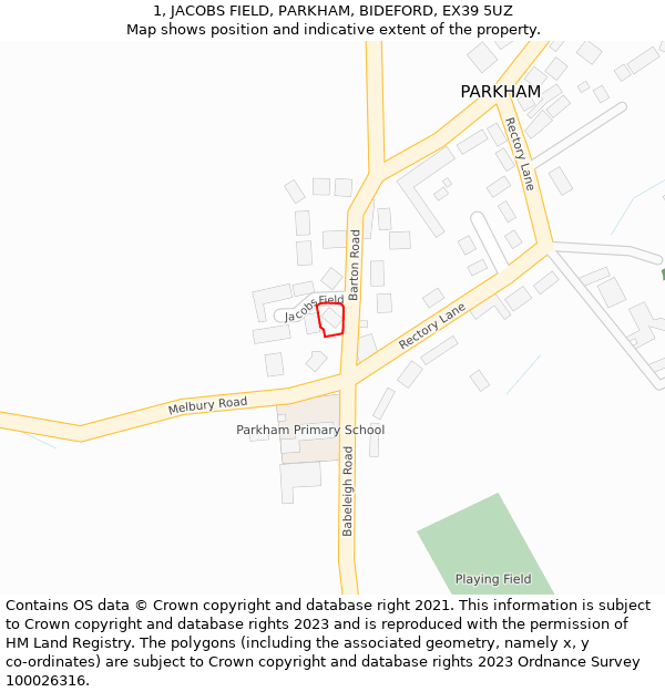 1, JACOBS FIELD, PARKHAM, BIDEFORD, EX39 5UZ: Location map and indicative extent of plot