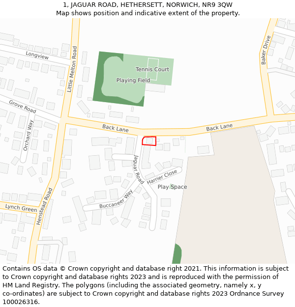 1, JAGUAR ROAD, HETHERSETT, NORWICH, NR9 3QW: Location map and indicative extent of plot