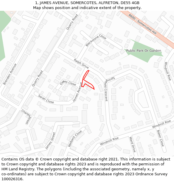 1, JAMES AVENUE, SOMERCOTES, ALFRETON, DE55 4GB: Location map and indicative extent of plot