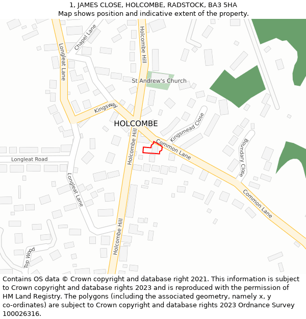 1, JAMES CLOSE, HOLCOMBE, RADSTOCK, BA3 5HA: Location map and indicative extent of plot