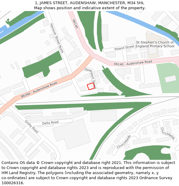 1, JAMES STREET, AUDENSHAW, MANCHESTER, M34 5HL: Location map and indicative extent of plot