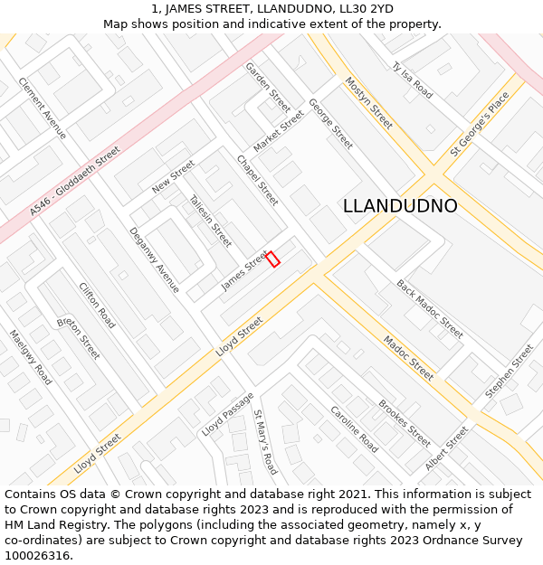 1, JAMES STREET, LLANDUDNO, LL30 2YD: Location map and indicative extent of plot