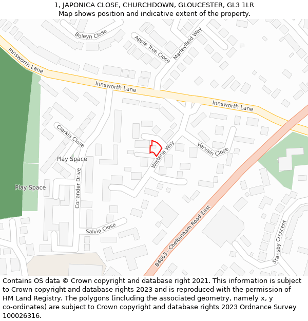 1, JAPONICA CLOSE, CHURCHDOWN, GLOUCESTER, GL3 1LR: Location map and indicative extent of plot