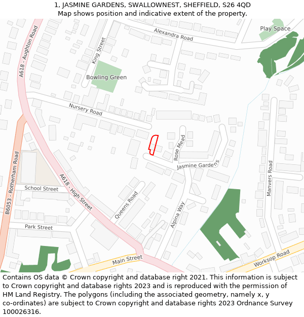 1, JASMINE GARDENS, SWALLOWNEST, SHEFFIELD, S26 4QD: Location map and indicative extent of plot