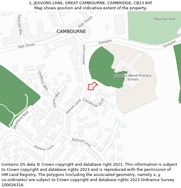 1, JEAVONS LANE, GREAT CAMBOURNE, CAMBRIDGE, CB23 6AF: Location map and indicative extent of plot