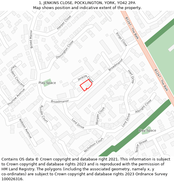 1, JENKINS CLOSE, POCKLINGTON, YORK, YO42 2PA: Location map and indicative extent of plot