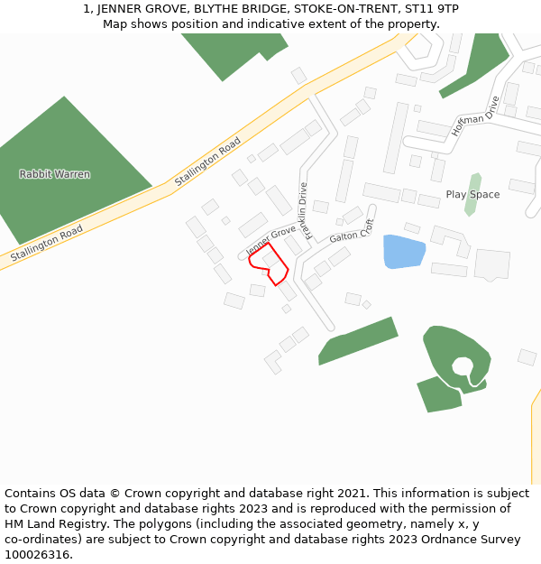 1, JENNER GROVE, BLYTHE BRIDGE, STOKE-ON-TRENT, ST11 9TP: Location map and indicative extent of plot