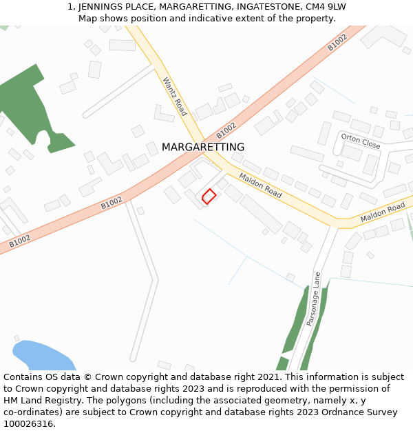 1, JENNINGS PLACE, MARGARETTING, INGATESTONE, CM4 9LW: Location map and indicative extent of plot