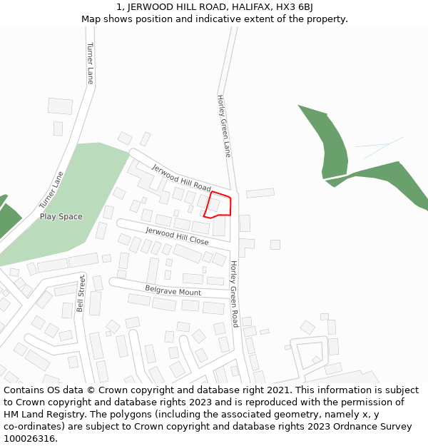 1, JERWOOD HILL ROAD, HALIFAX, HX3 6BJ: Location map and indicative extent of plot