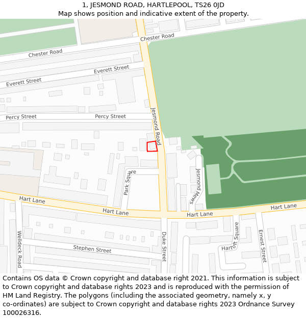 1, JESMOND ROAD, HARTLEPOOL, TS26 0JD: Location map and indicative extent of plot