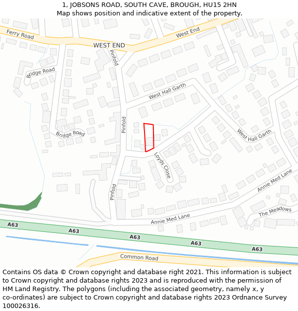 1, JOBSONS ROAD, SOUTH CAVE, BROUGH, HU15 2HN: Location map and indicative extent of plot