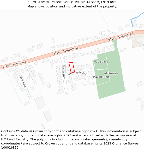 1, JOHN SMITH CLOSE, WILLOUGHBY, ALFORD, LN13 9NZ: Location map and indicative extent of plot