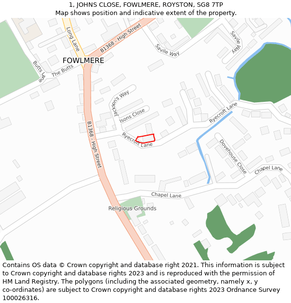 1, JOHNS CLOSE, FOWLMERE, ROYSTON, SG8 7TP: Location map and indicative extent of plot