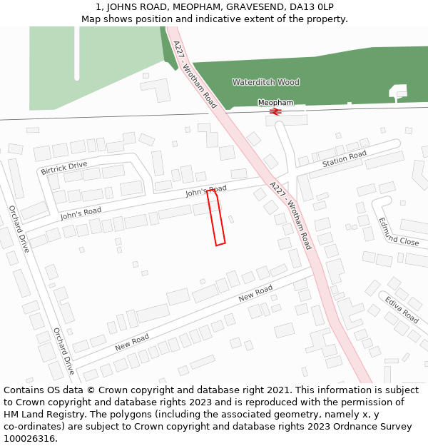 1, JOHNS ROAD, MEOPHAM, GRAVESEND, DA13 0LP: Location map and indicative extent of plot