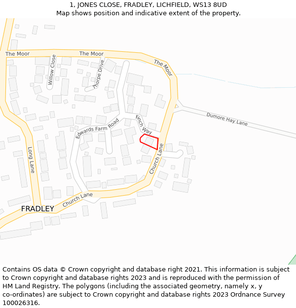 1, JONES CLOSE, FRADLEY, LICHFIELD, WS13 8UD: Location map and indicative extent of plot