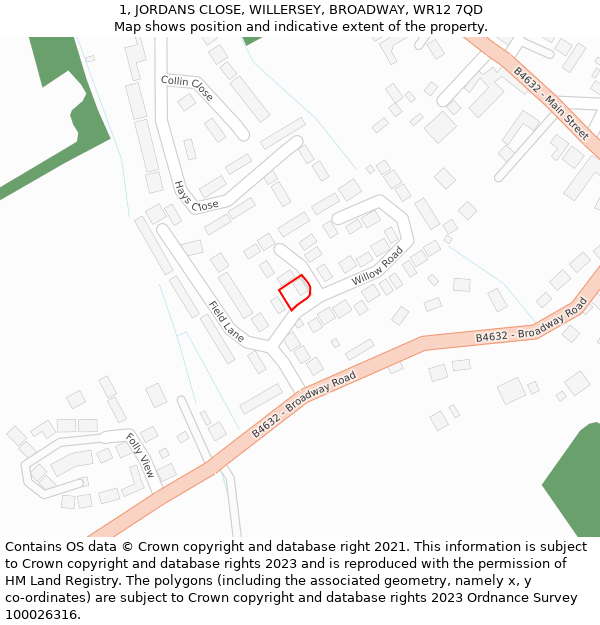 1, JORDANS CLOSE, WILLERSEY, BROADWAY, WR12 7QD: Location map and indicative extent of plot