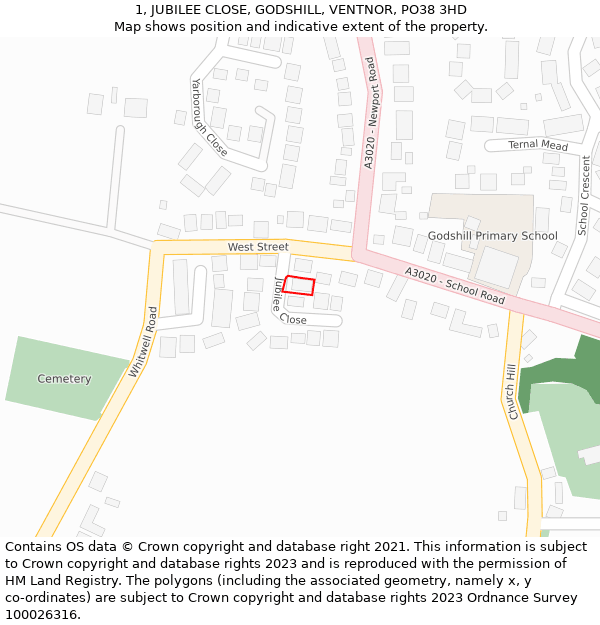 1, JUBILEE CLOSE, GODSHILL, VENTNOR, PO38 3HD: Location map and indicative extent of plot