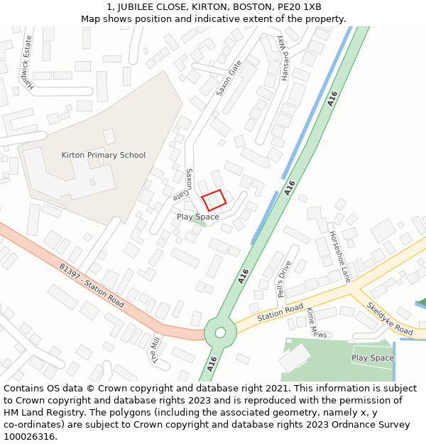 1, JUBILEE CLOSE, KIRTON, BOSTON, PE20 1XB: Location map and indicative extent of plot