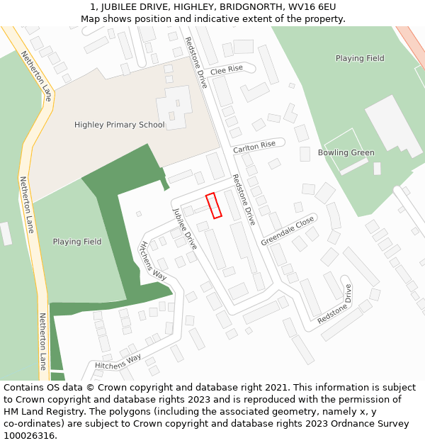 1, JUBILEE DRIVE, HIGHLEY, BRIDGNORTH, WV16 6EU: Location map and indicative extent of plot