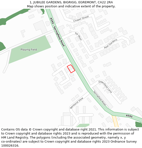 1, JUBILEE GARDENS, BIGRIGG, EGREMONT, CA22 2RA: Location map and indicative extent of plot