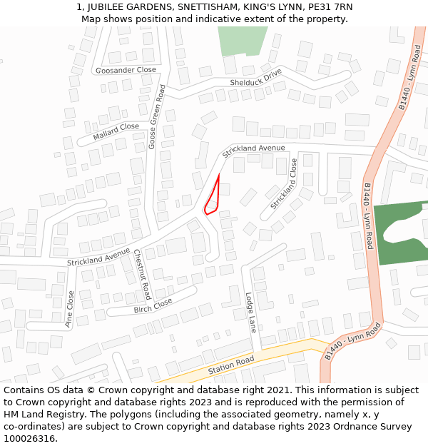 1, JUBILEE GARDENS, SNETTISHAM, KING'S LYNN, PE31 7RN: Location map and indicative extent of plot