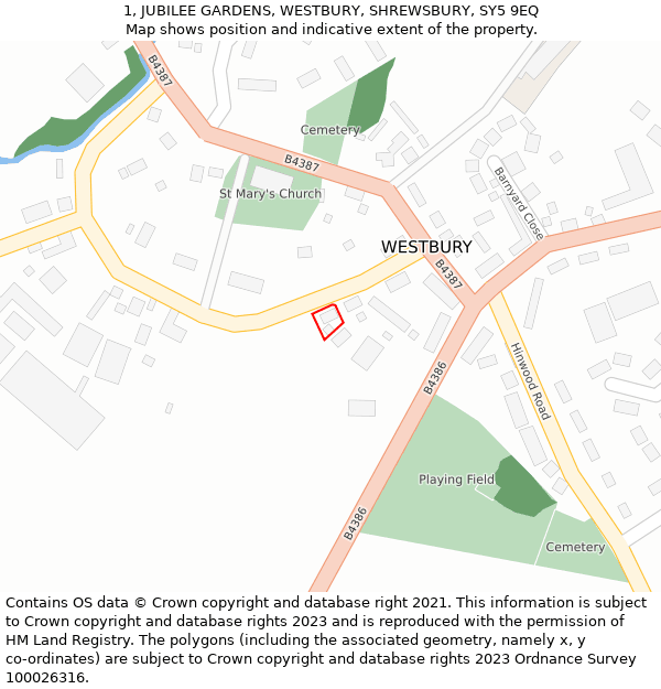 1, JUBILEE GARDENS, WESTBURY, SHREWSBURY, SY5 9EQ: Location map and indicative extent of plot