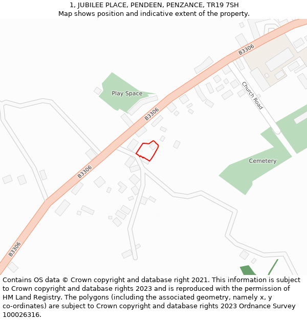 1, JUBILEE PLACE, PENDEEN, PENZANCE, TR19 7SH: Location map and indicative extent of plot