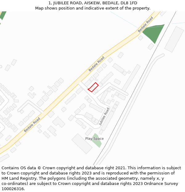 1, JUBILEE ROAD, AISKEW, BEDALE, DL8 1FD: Location map and indicative extent of plot