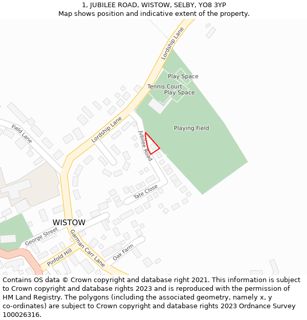 1, JUBILEE ROAD, WISTOW, SELBY, YO8 3YP: Location map and indicative extent of plot
