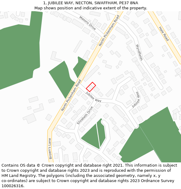 1, JUBILEE WAY, NECTON, SWAFFHAM, PE37 8NA: Location map and indicative extent of plot