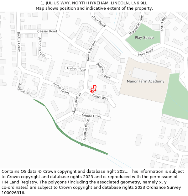 1, JULIUS WAY, NORTH HYKEHAM, LINCOLN, LN6 9LL: Location map and indicative extent of plot