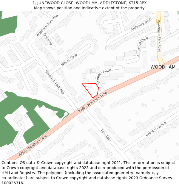 1, JUNEWOOD CLOSE, WOODHAM, ADDLESTONE, KT15 3PX: Location map and indicative extent of plot