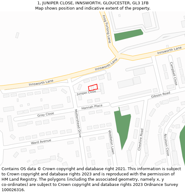 1, JUNIPER CLOSE, INNSWORTH, GLOUCESTER, GL3 1FB: Location map and indicative extent of plot