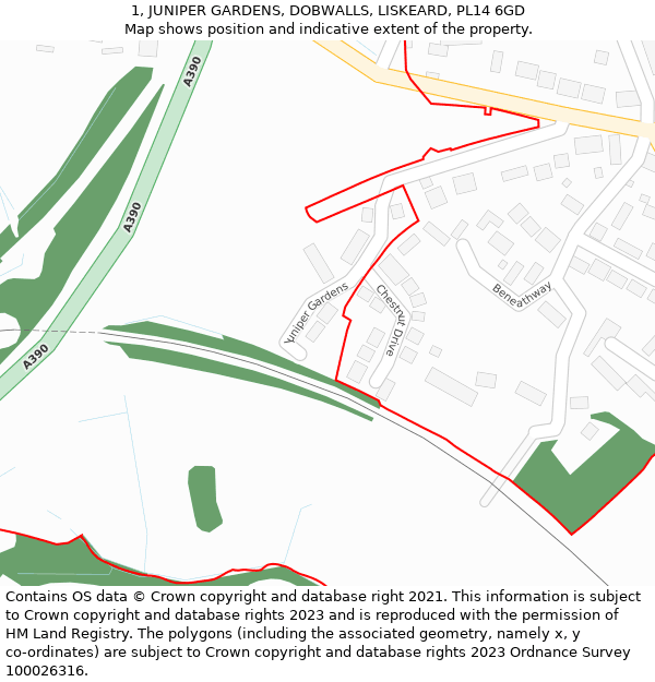 1, JUNIPER GARDENS, DOBWALLS, LISKEARD, PL14 6GD: Location map and indicative extent of plot