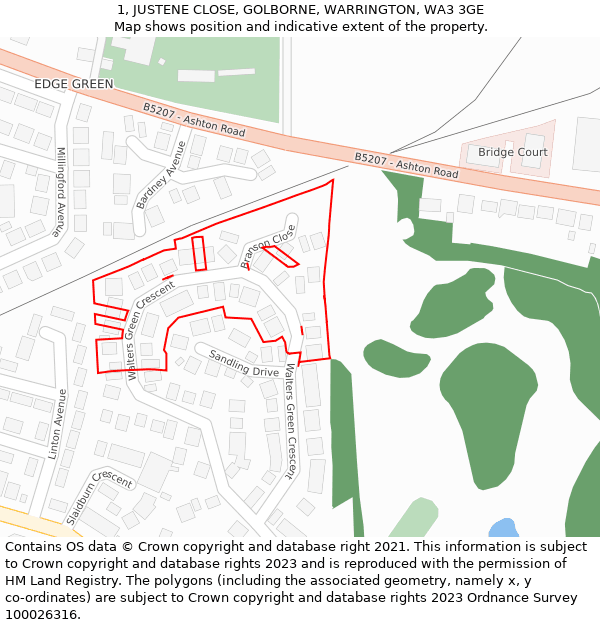 1, JUSTENE CLOSE, GOLBORNE, WARRINGTON, WA3 3GE: Location map and indicative extent of plot