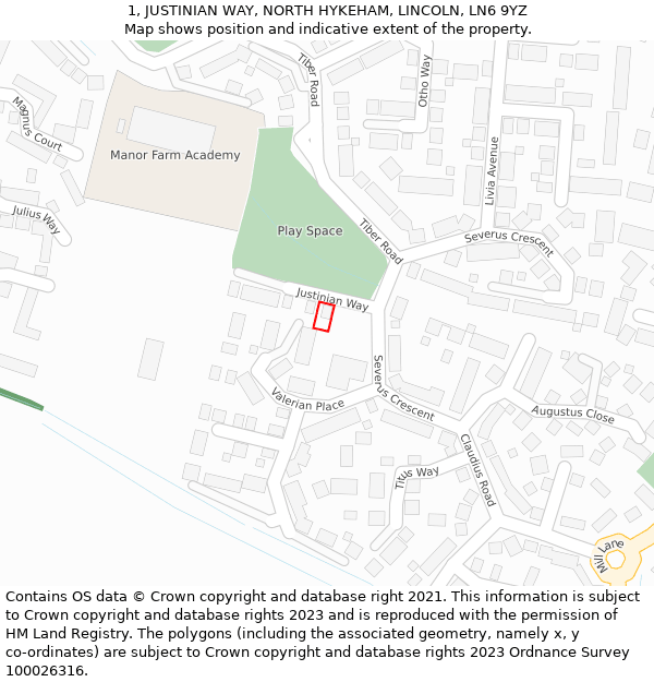 1, JUSTINIAN WAY, NORTH HYKEHAM, LINCOLN, LN6 9YZ: Location map and indicative extent of plot