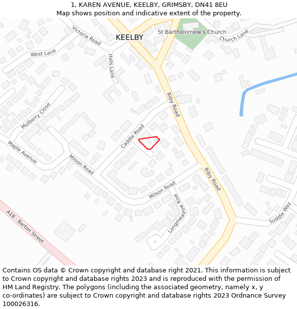 1, KAREN AVENUE, KEELBY, GRIMSBY, DN41 8EU: Location map and indicative extent of plot