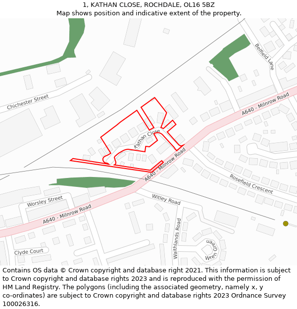 1, KATHAN CLOSE, ROCHDALE, OL16 5BZ: Location map and indicative extent of plot