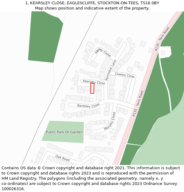 1, KEARSLEY CLOSE, EAGLESCLIFFE, STOCKTON-ON-TEES, TS16 0BY: Location map and indicative extent of plot