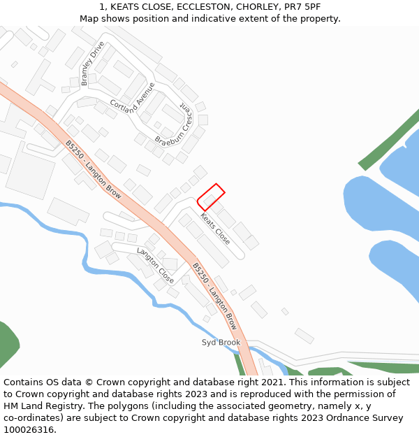 1, KEATS CLOSE, ECCLESTON, CHORLEY, PR7 5PF: Location map and indicative extent of plot