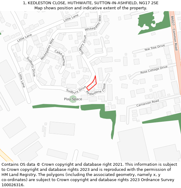 1, KEDLESTON CLOSE, HUTHWAITE, SUTTON-IN-ASHFIELD, NG17 2SE: Location map and indicative extent of plot