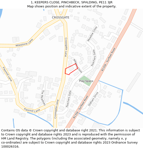 1, KEEPERS CLOSE, PINCHBECK, SPALDING, PE11 3JR: Location map and indicative extent of plot