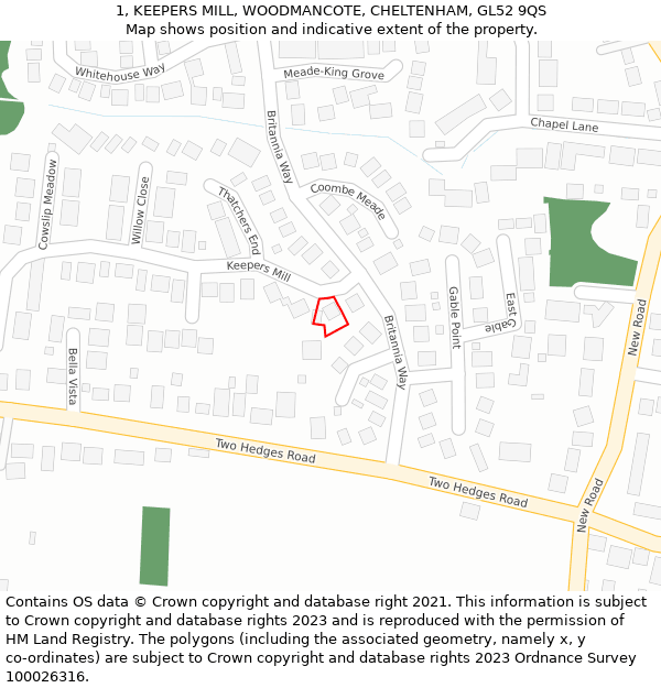 1, KEEPERS MILL, WOODMANCOTE, CHELTENHAM, GL52 9QS: Location map and indicative extent of plot