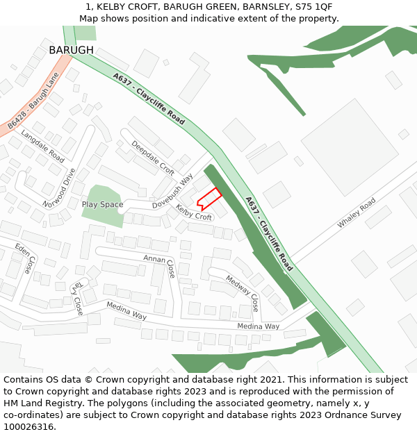 1, KELBY CROFT, BARUGH GREEN, BARNSLEY, S75 1QF: Location map and indicative extent of plot