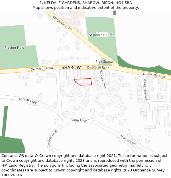 1, KELDALE GARDENS, SHAROW, RIPON, HG4 5BA: Location map and indicative extent of plot