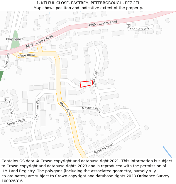 1, KELFUL CLOSE, EASTREA, PETERBOROUGH, PE7 2EL: Location map and indicative extent of plot