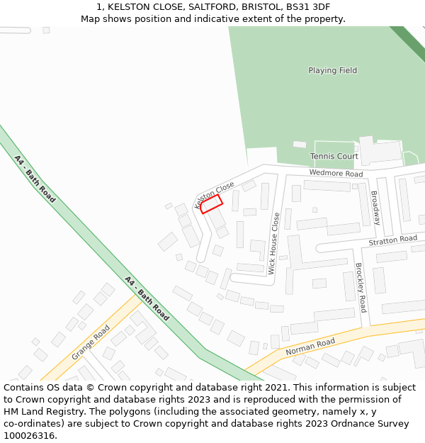 1, KELSTON CLOSE, SALTFORD, BRISTOL, BS31 3DF: Location map and indicative extent of plot