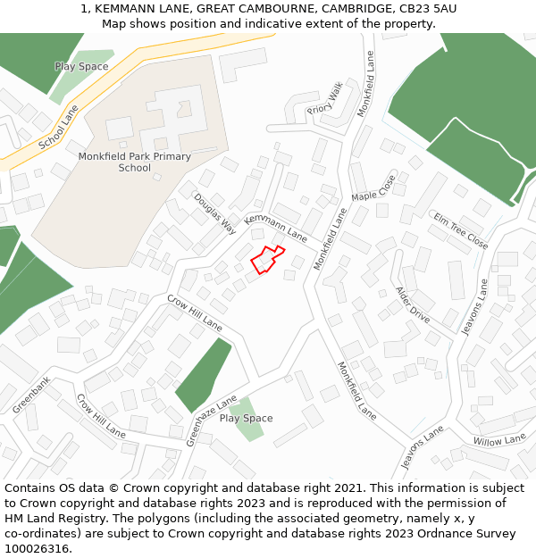 1, KEMMANN LANE, GREAT CAMBOURNE, CAMBRIDGE, CB23 5AU: Location map and indicative extent of plot