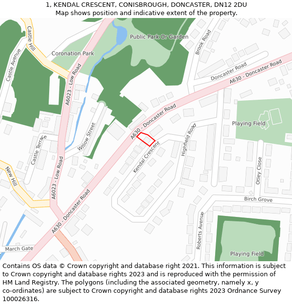 1, KENDAL CRESCENT, CONISBROUGH, DONCASTER, DN12 2DU: Location map and indicative extent of plot